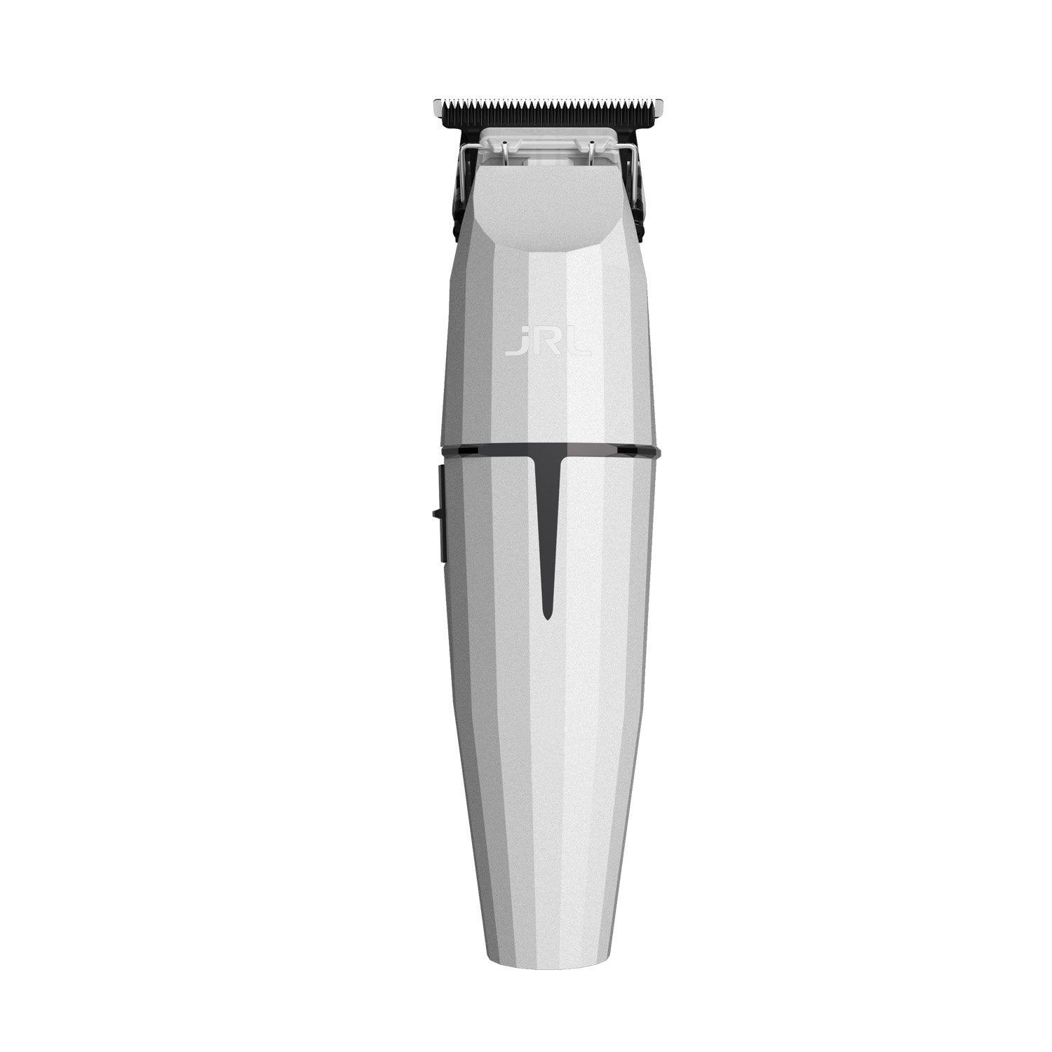 JRL GHOST Professional Cordless Hair Trimmer in white, featuring a 360˚ exposed ultra-sharp T-blade and ergonomic design, displayed alongside its charging dock and included accessories.