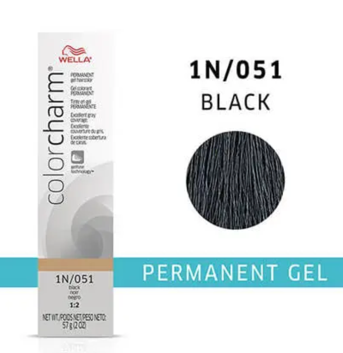 Wella Color Charm Permanent Gel 1N/051 Black – professional-grade permanent hair color for deep, vibrant black results and full gray coverage