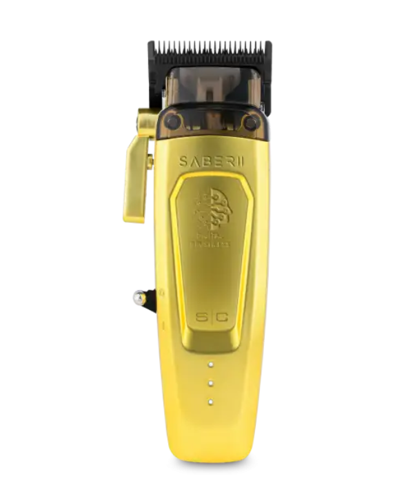 StyleCraft Saber 2 Hair Clipper in Gold – Professional cordless clipper with high-torque digital brushless motor, Black Diamond Carbon DLC Echo Fixed Blade, ergonomic design, and heavy-duty full metal body for precise and smooth cuts.

