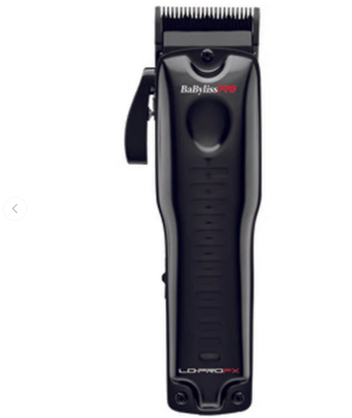 BaBylissPRO LoPROFX High-Performance Low Profile Clipper (FX825) featuring a sleek black metal shield cover, ergonomic grip housing, and accompanying eight cutting guides