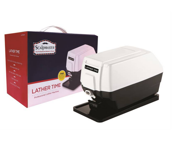Scalpmaster Lather Time Professional Hot Lather Machine with accessories including a cleaning brush and an 8 oz. bottle of liquid shave cream.