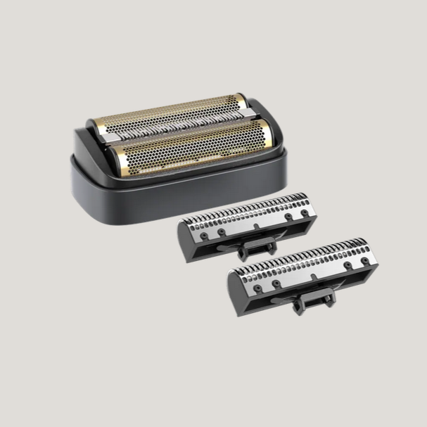Close-up of Andis reSURGE Shaver Replacement Foil and Cutters featuring hypoallergenic gold titanium foils and precision-engineered cutters designed for the reSURGE Shaver model 17300.
