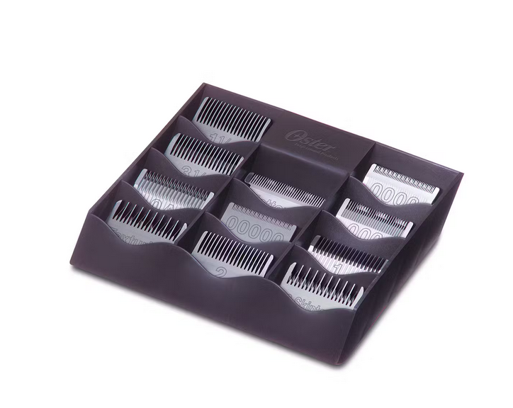 Oster® Arctic Igloo Detachable Blade Storage and Organizer holding up to 11 clipper blades, showcasing its sleek design and detachable transparent cover.