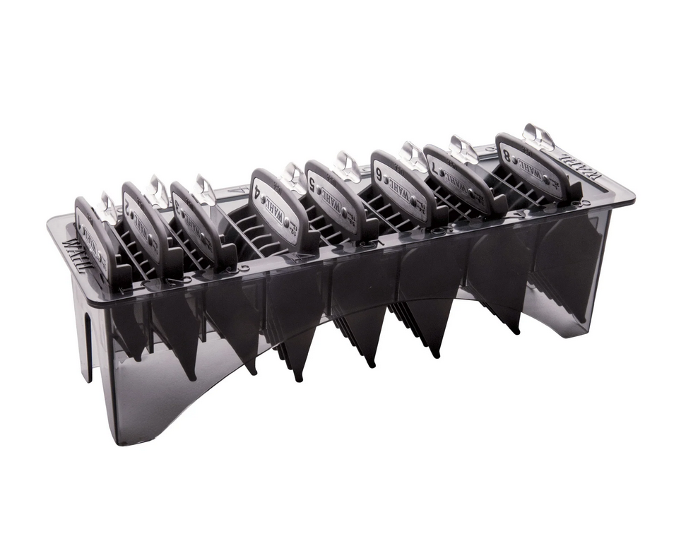 Wahl Premium Guide Comb Kit featuring 8 color-coded cutting guides ranging from 1/8 inch to 1 inch, displayed in an organized storage tray.