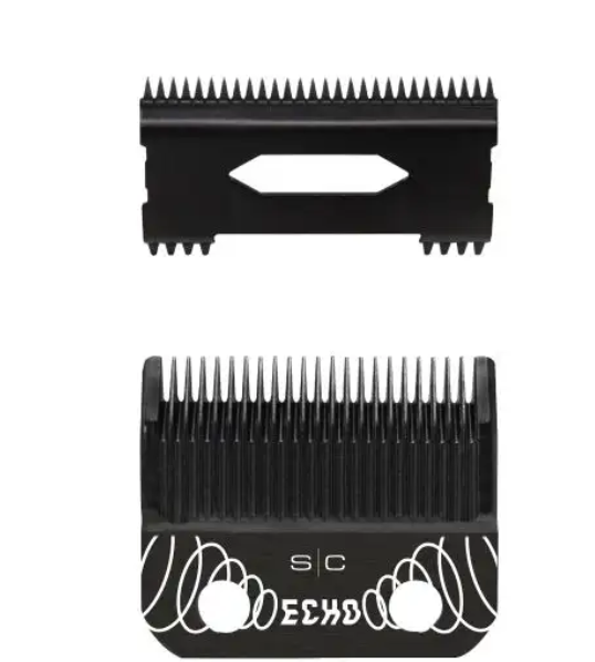 "StyleCraft Replacement ECHO Fixed DLC Hair Clipper Blade with DLC Deep Tooth Cutter Set featuring Black Diamond Carbon DLC coating and deep tooth design.