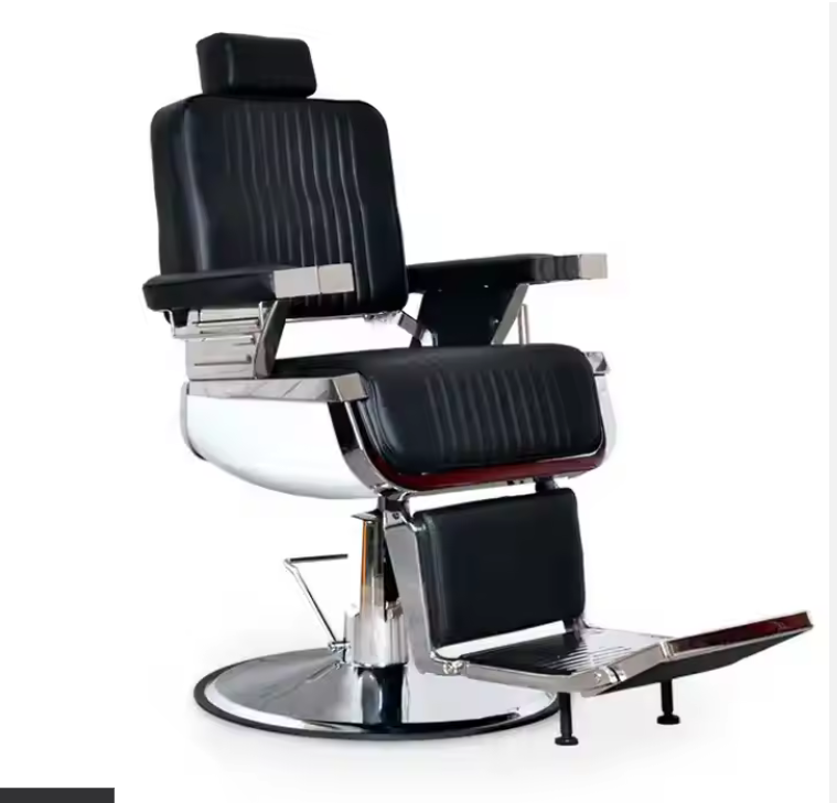 Modern Black Leather Barber Chair with Silver Metal Frame