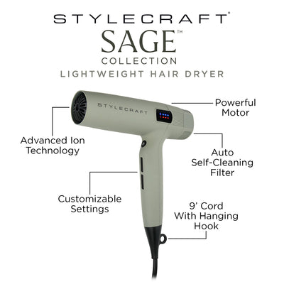 StyleCraft Sage Collection Professional Lightweight Hair Dryer in matte sage green.