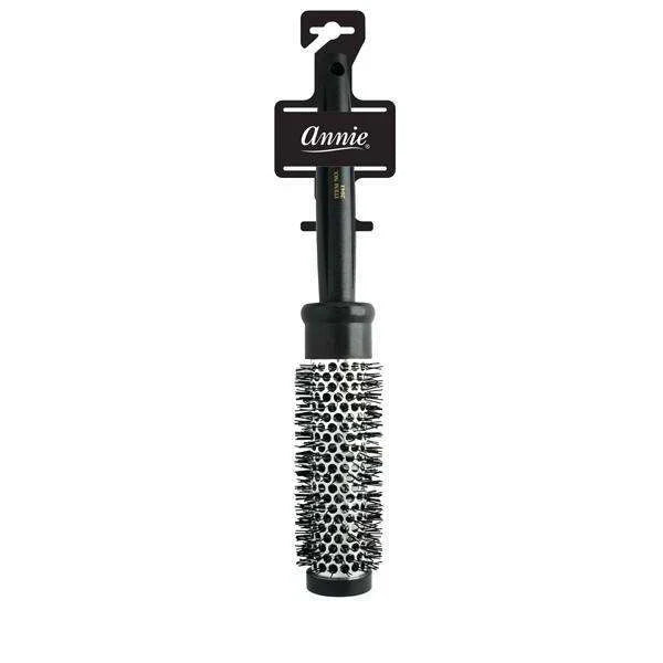 Annie Black hairbrush with cylindrical bristle design on a white background.