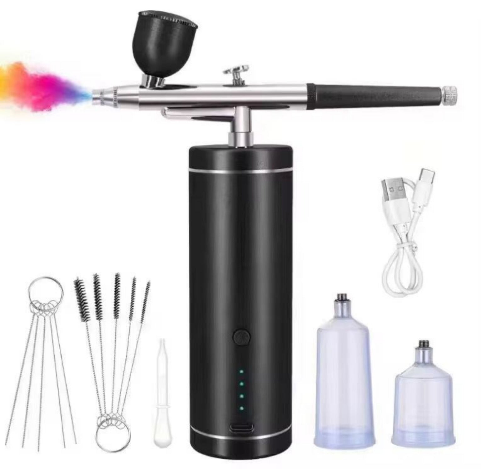 Compact dual-use airbrush spray gun for painting and facial care, shown with detachable tank and USB charging port