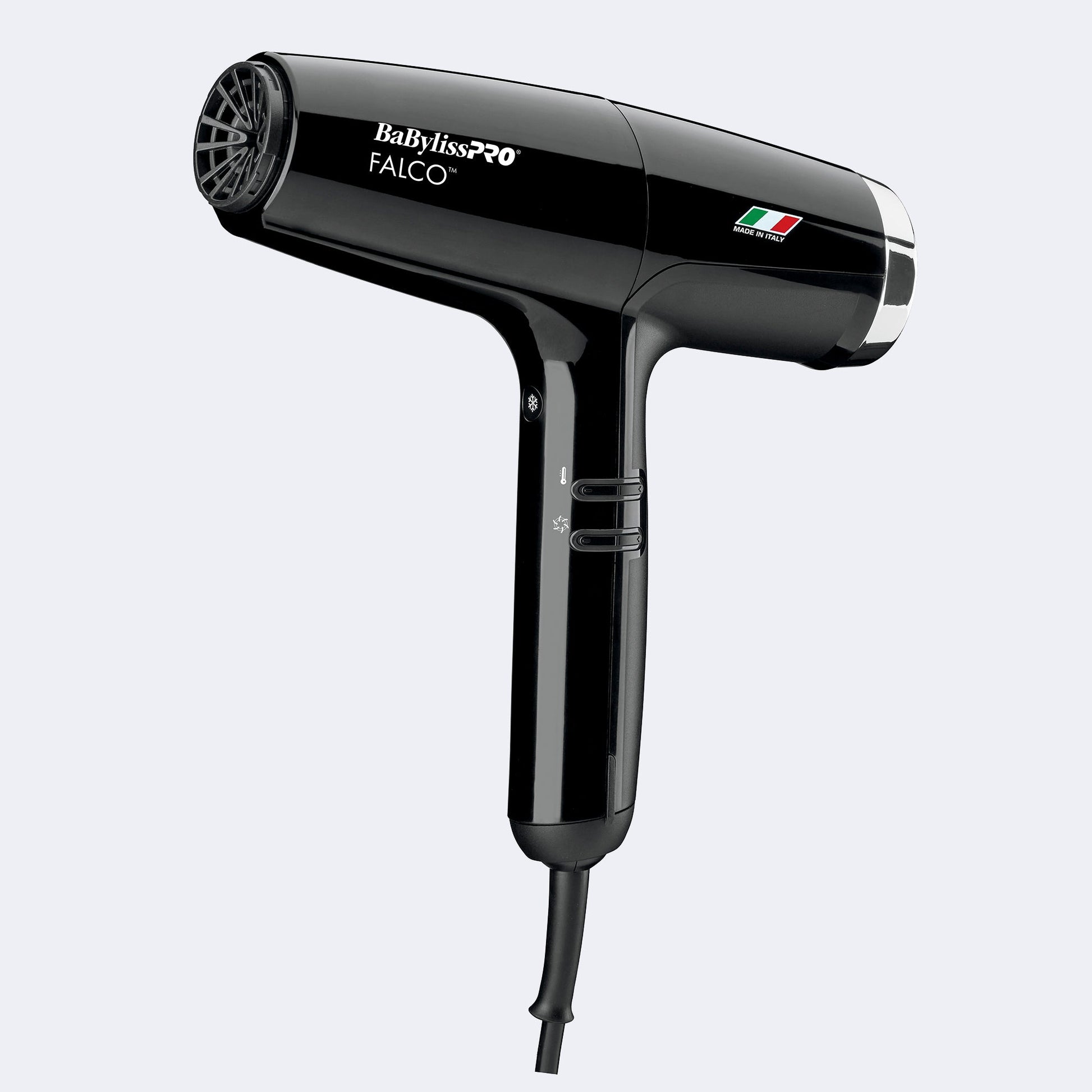 Black BaBylissPRO hair dryer on a light gray background