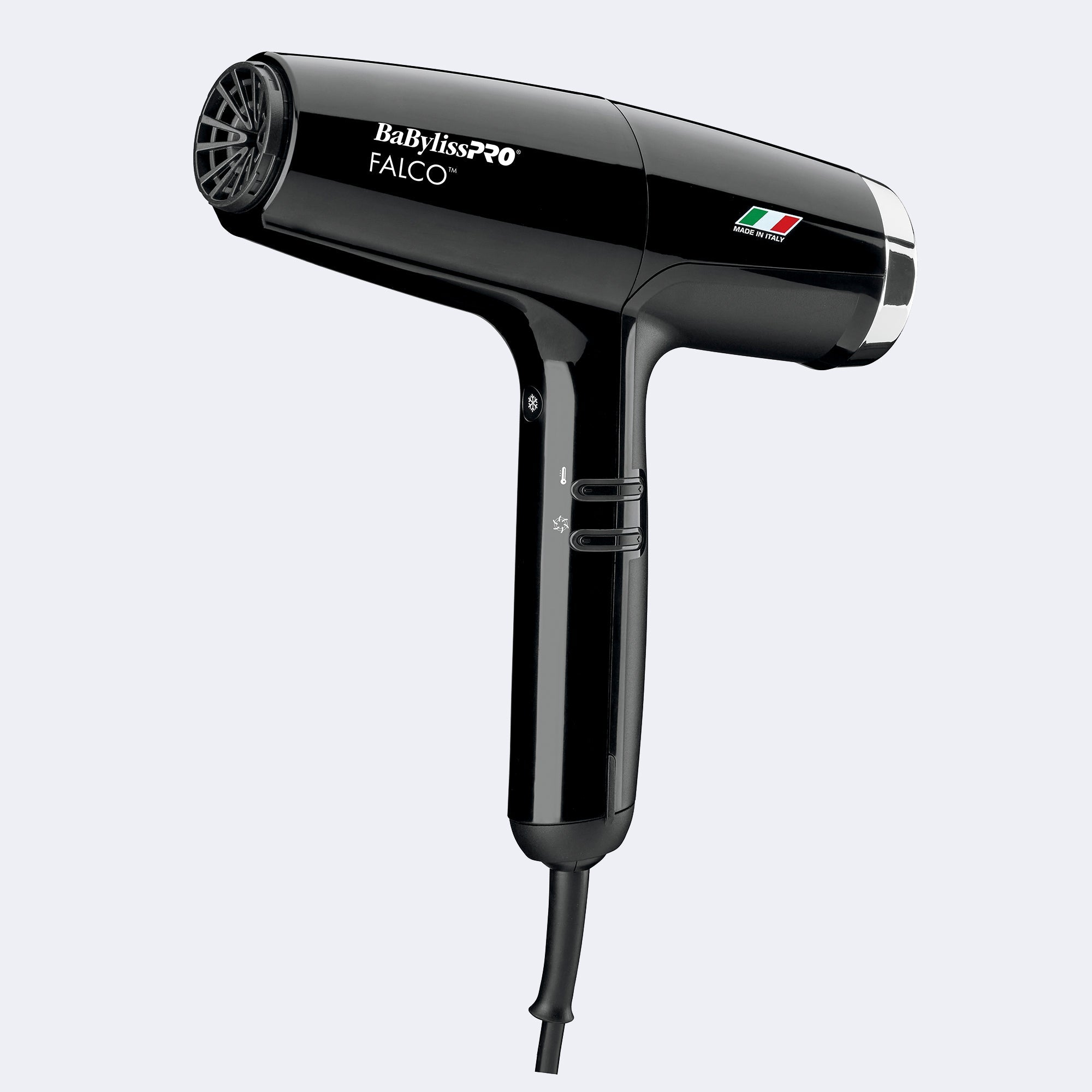Black BaBylissPRO hair dryer on a light gray background