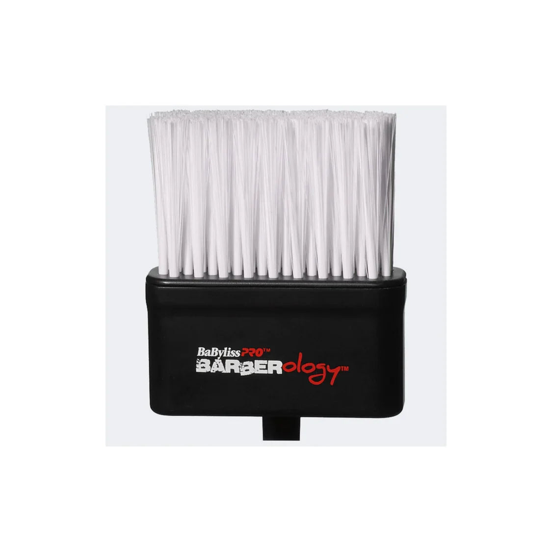 Barber brush with black handle and white bristles in a clear packaging on a white background