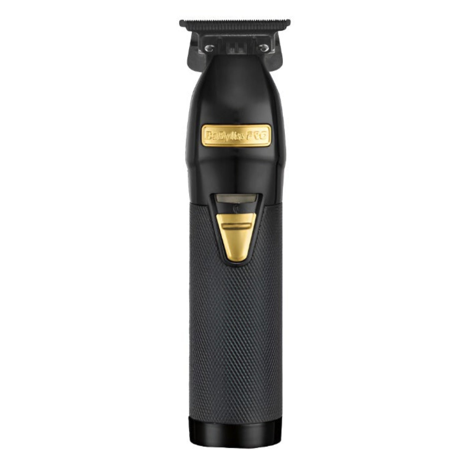 BabylissPro BlackFX Skeleton Trimmer FX787BN – Matte black professional outlining trimmer with exposed gold T-blade and all-metal body