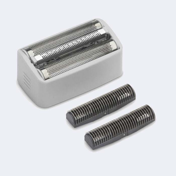 Electric shaver head with two additional shaver heads on a white background