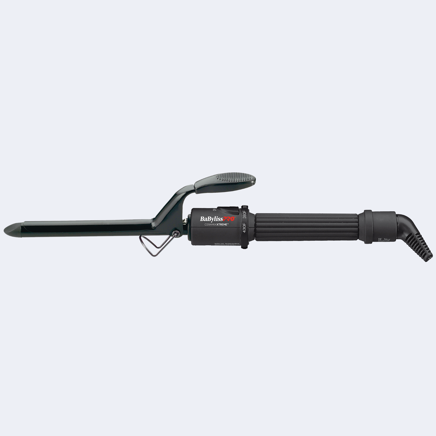  “BaBylissPRO Ceramix Xtreme ½‑inch ceramic curling iron with spring-loaded clamp, showing sleek black barrel, ridged ergonomic handle, cool tip, temperature dial, and swivel cord.”