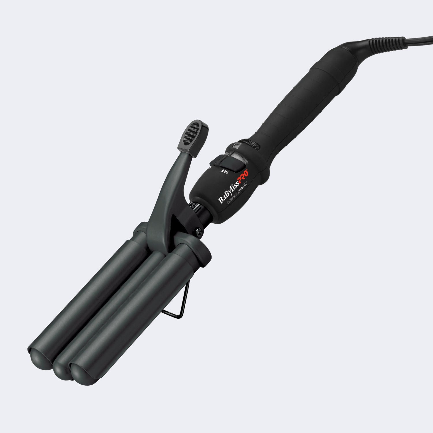  “BaBylissPRO Ceramix Xtreme Triple Barrel Waver – sleek black ceramic triple‑barrel styling tool with soft‑grip handle and LED indicator light”