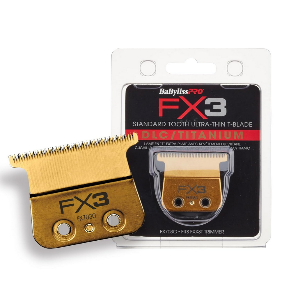 BaBylissPRO DLC/Titanium Ultra-Thin Zero Gap Replacement Blade for FX3 clipper, 1 count, close-up of sharp titanium-coated blade