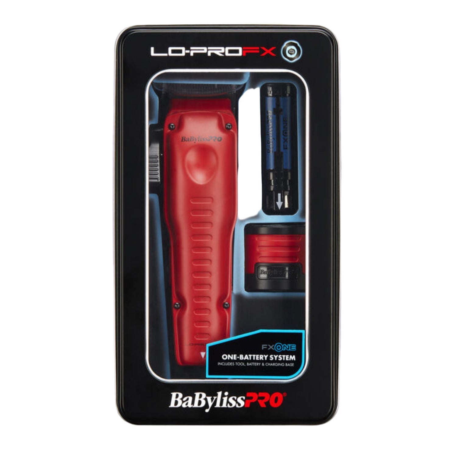  BaBylissPRO FXONE Lo-ProFX Clipper Red FX829MR with Black Graphite Fade Blade and FXONE universal battery system.