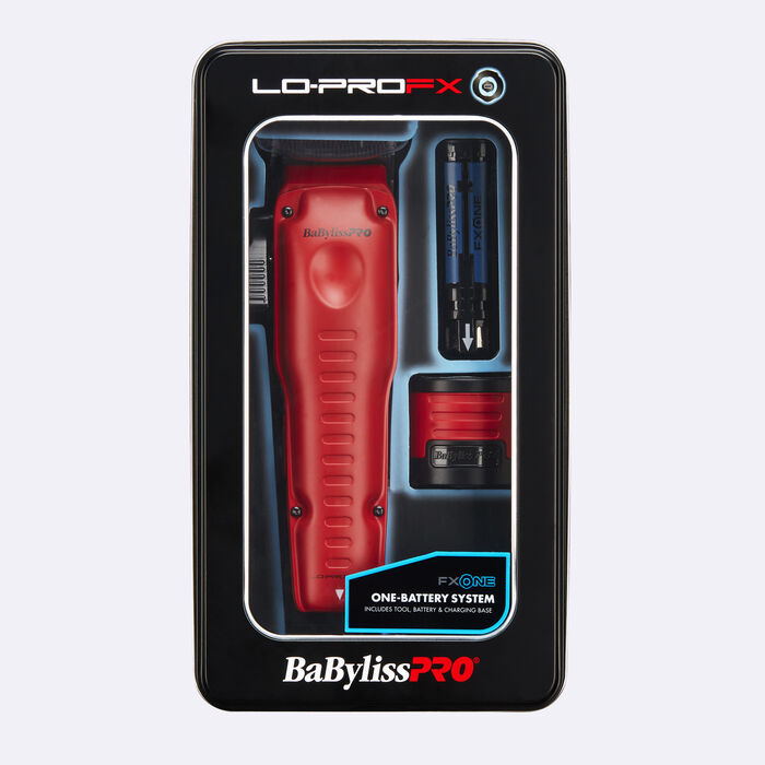 BaBylissPRO FXONE Lo-ProFX Clipper Red FX829MR with Black Graphite Fade Blade and FXONE universal battery system.