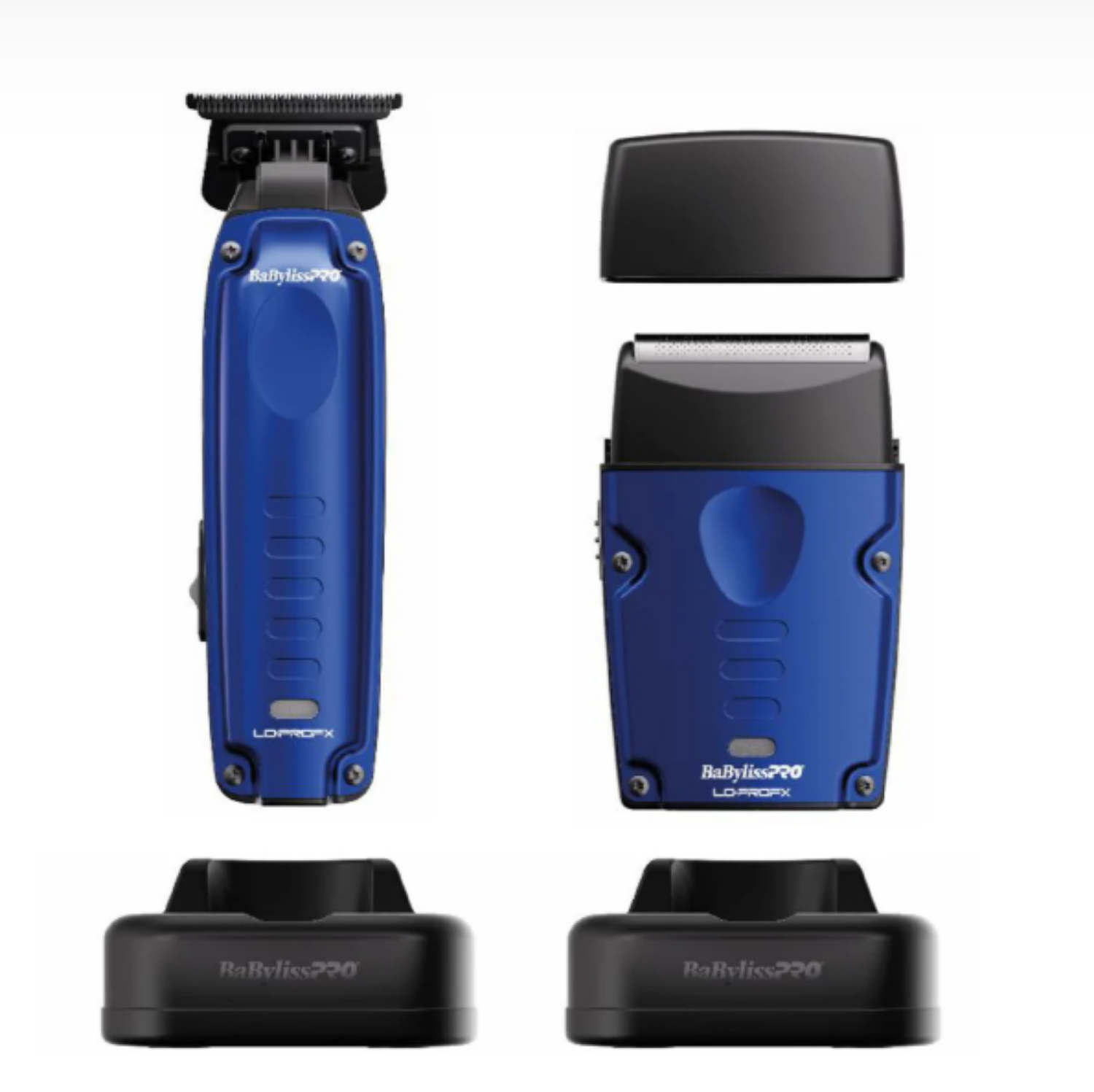  BaBylissPRO Lo-Pro Compact Duo – FX72 Trimmer and FXLPFS1 Single Foil Shaver with USB-C charging stands, shown in sleek black design.
