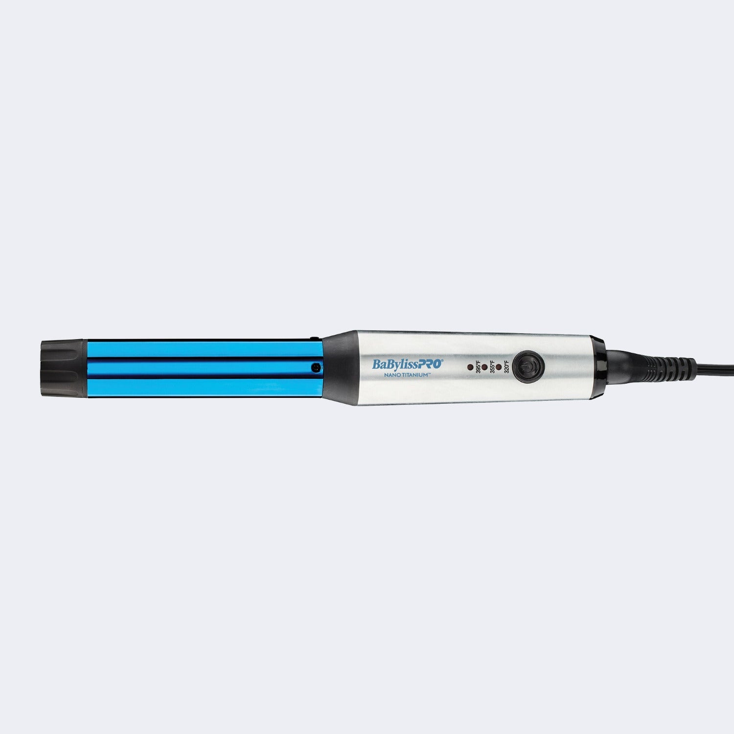 BaBylissPRO Nano Titanium 1-inch Compact Curling Wand in blue, slim barrel with digital temperature indicator and cool tip