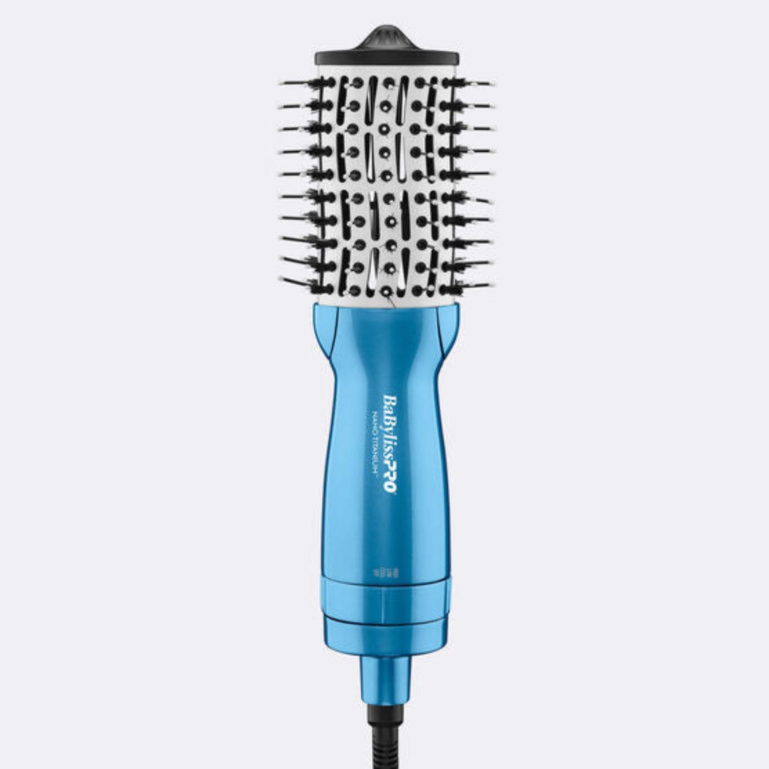 BaBylissPRO Nano Titanium 2-inch compact oval hot air brush in blue, with nylon and boar bristles and heat settings – front and side view