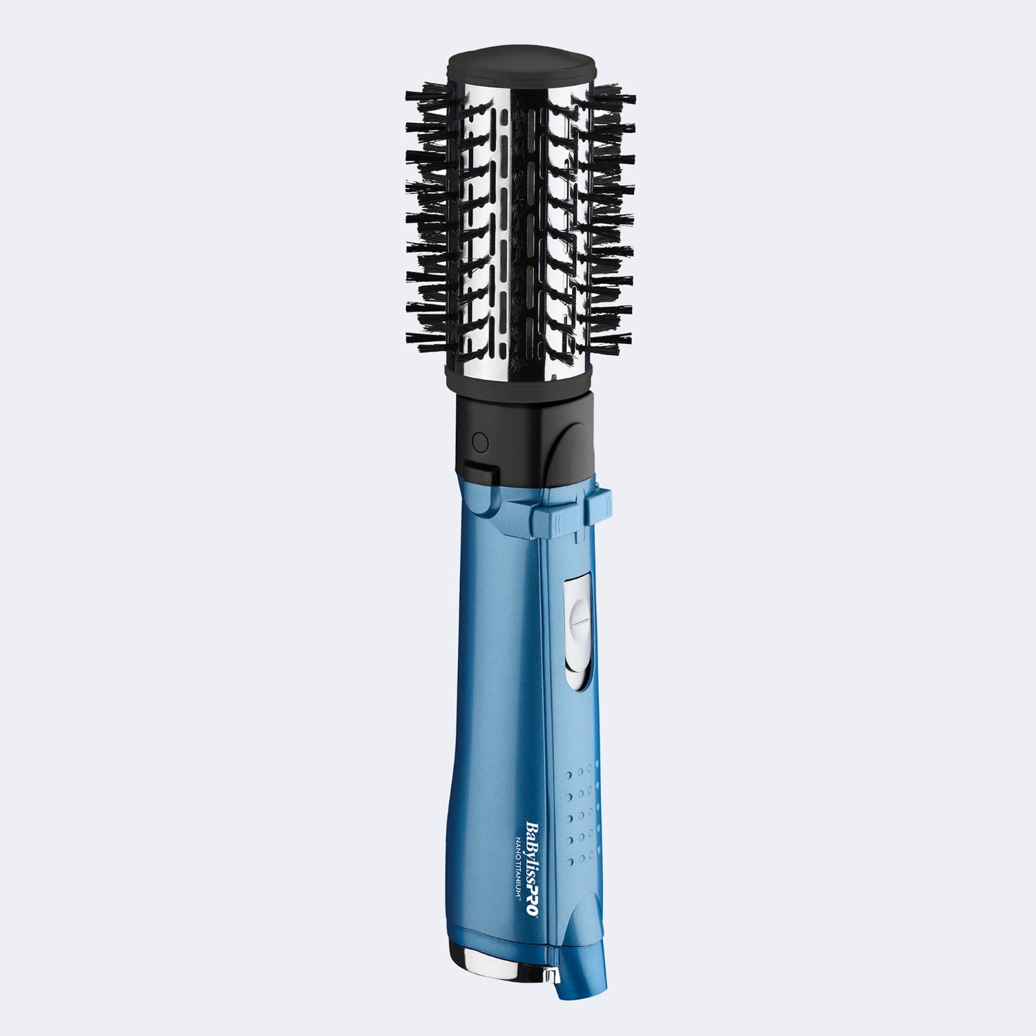 BaBylissPRO Nano Titanium 2-inch rotating ionic hot air brush in blue, ergonomic handle, combination nylon & boar bristles, salon-quality styling tool