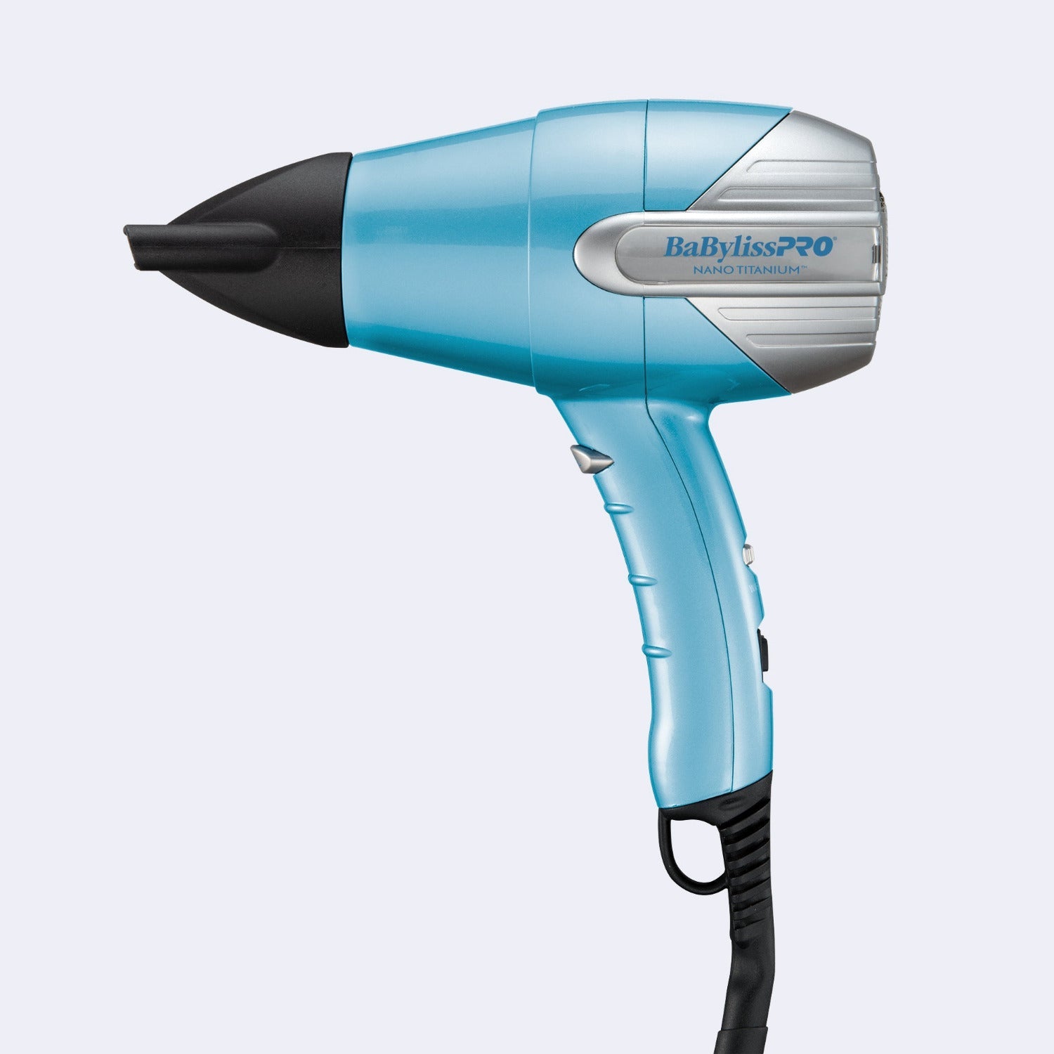 BaBylissPRO Nano Titanium Compact Folding Ionic Hair Dryer – sleek dark blue with folding handle, concentrator nozzle attached.