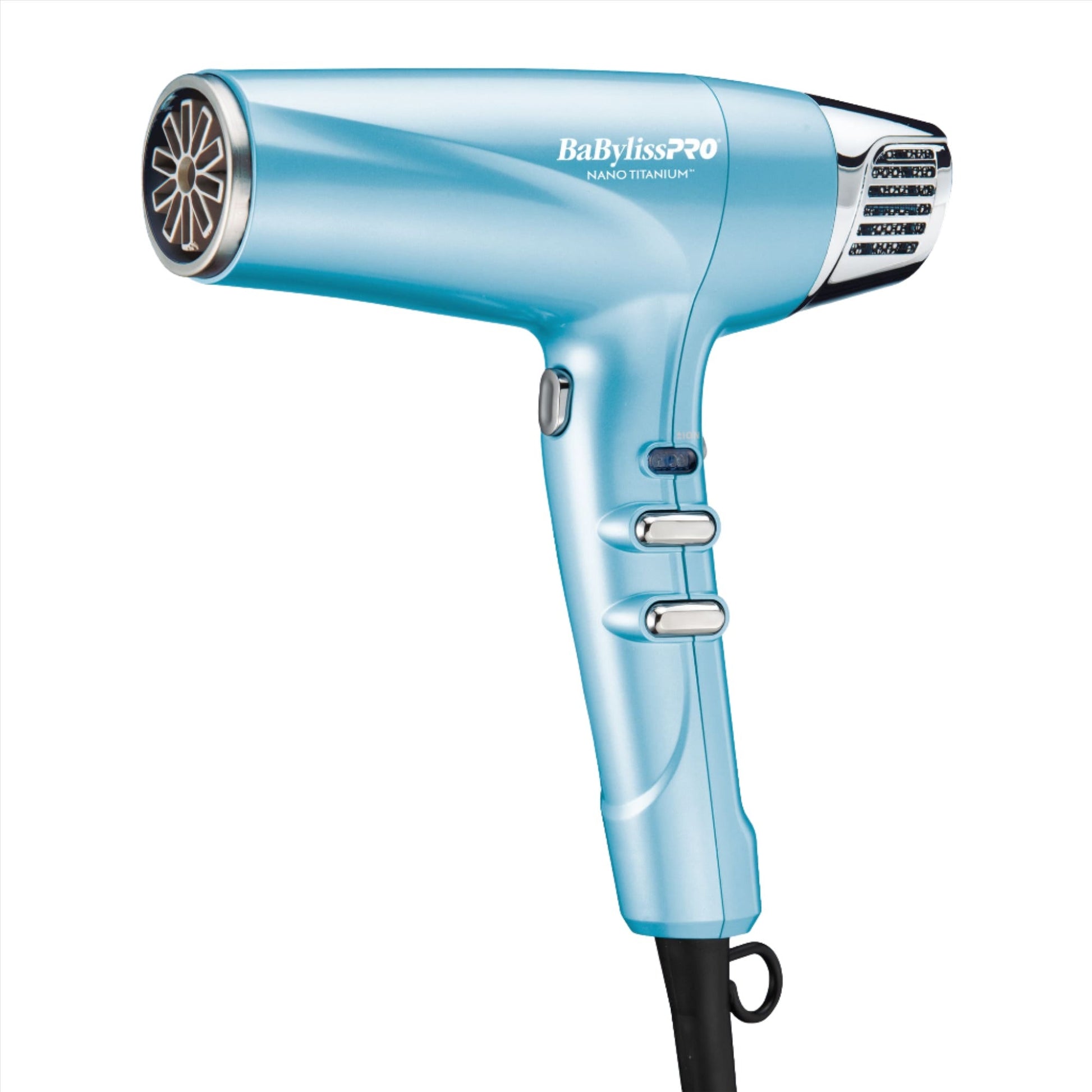 Close-up view of the BaBylissPRO Nano Titanium Dual Ionic High-Speed Hair Dryer (BNT9100C) in a vibrant blue color, showcasing its sleek design and professional features.