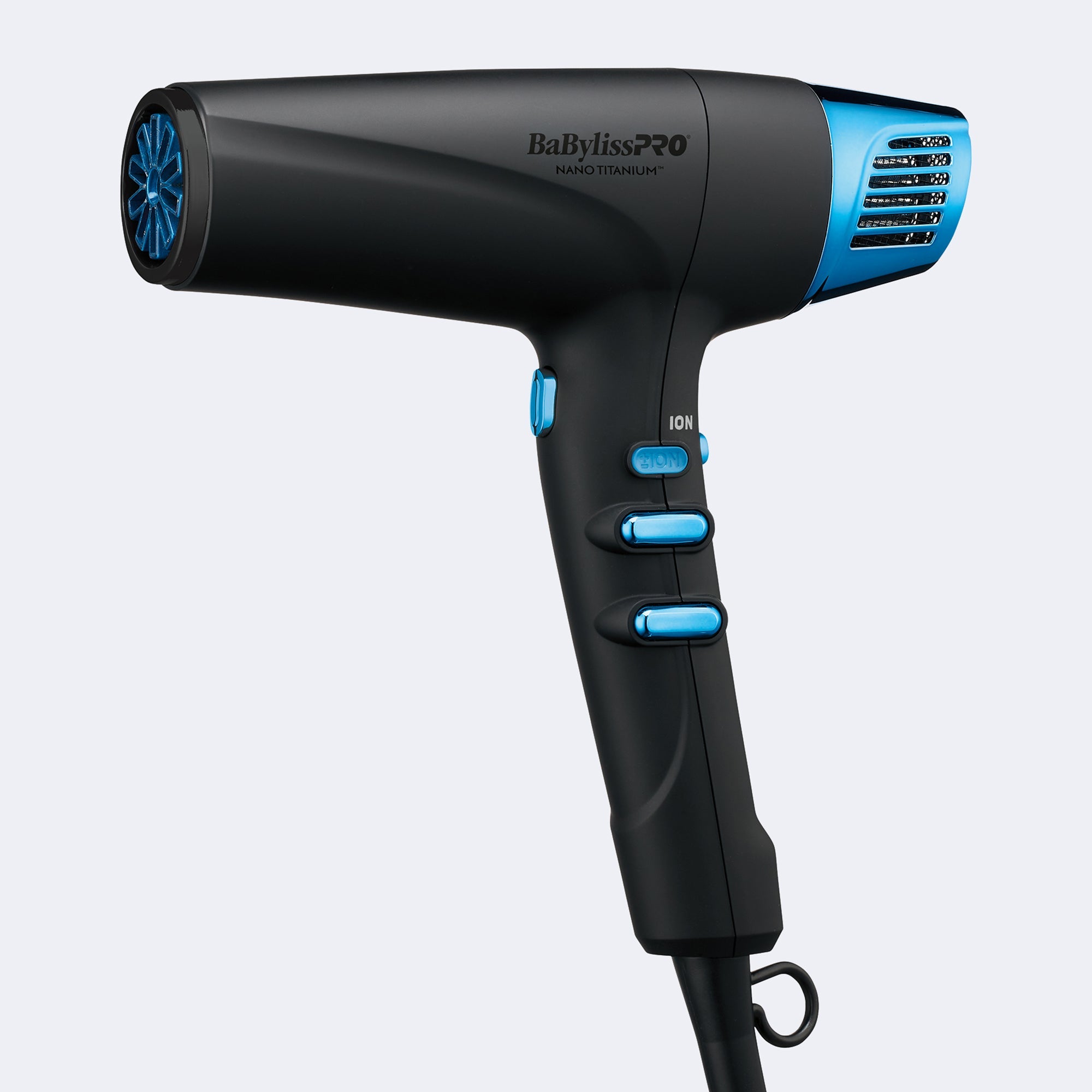  BaBylissPRO® Nano Titanium™ Dual Ionic High-Speed Hairdryer in Midnight Blue (Model # BNTMB9100C) with sleek, modern design and advanced technology for fast drying and frizz reduction.