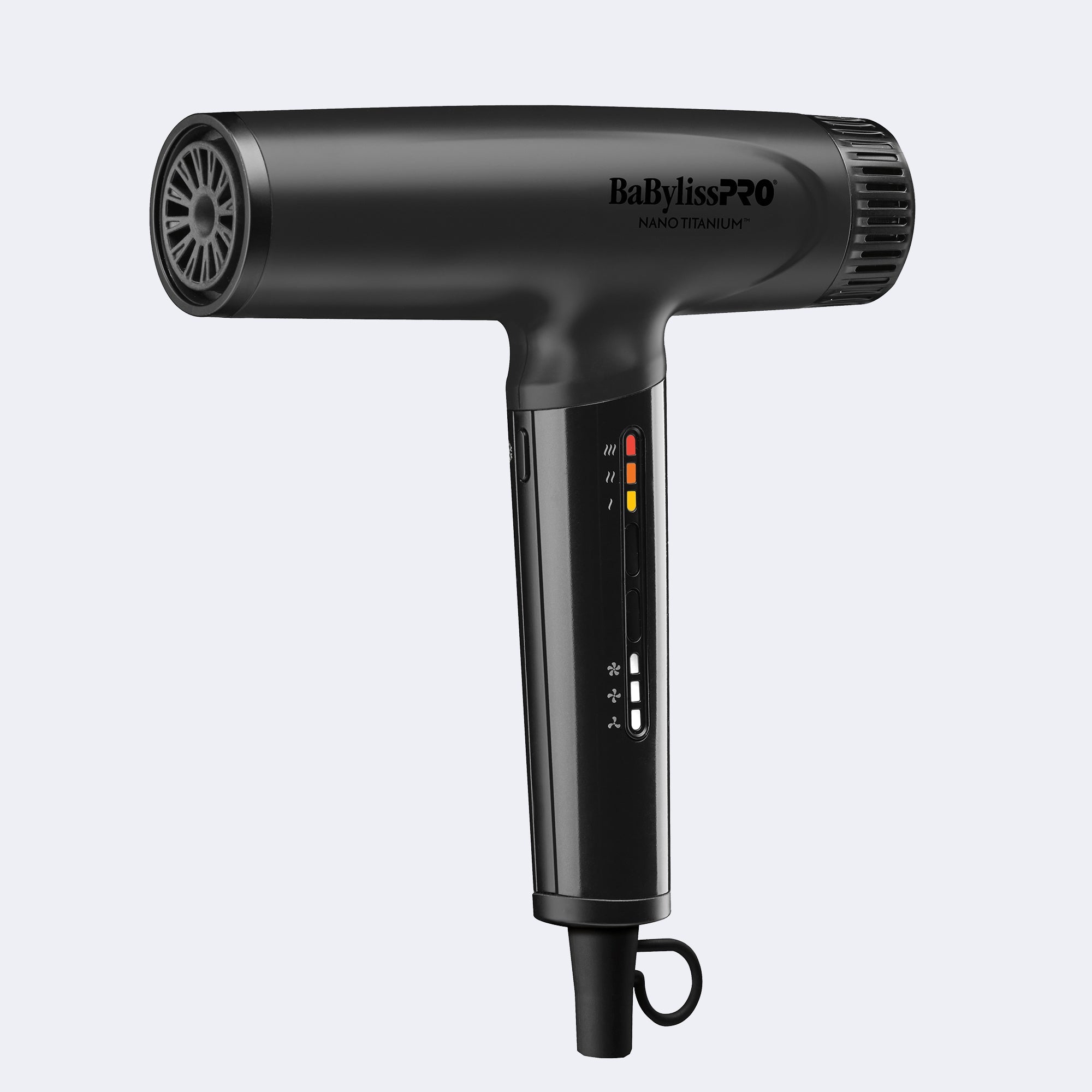  BaBylissPRO Nano Titanium High-Speed Hairdryer in matte black, featuring a sleek, professional design with advanced heat technology.