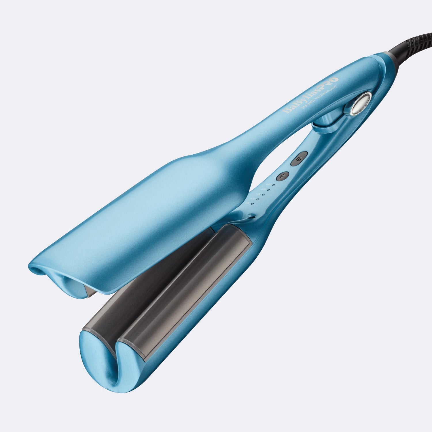  “BaBylissPRO Nano Titanium Ionic Deep Waver – sleek blue flat‑iron design with dual deep‑wave titanium plates and digital temperature display”