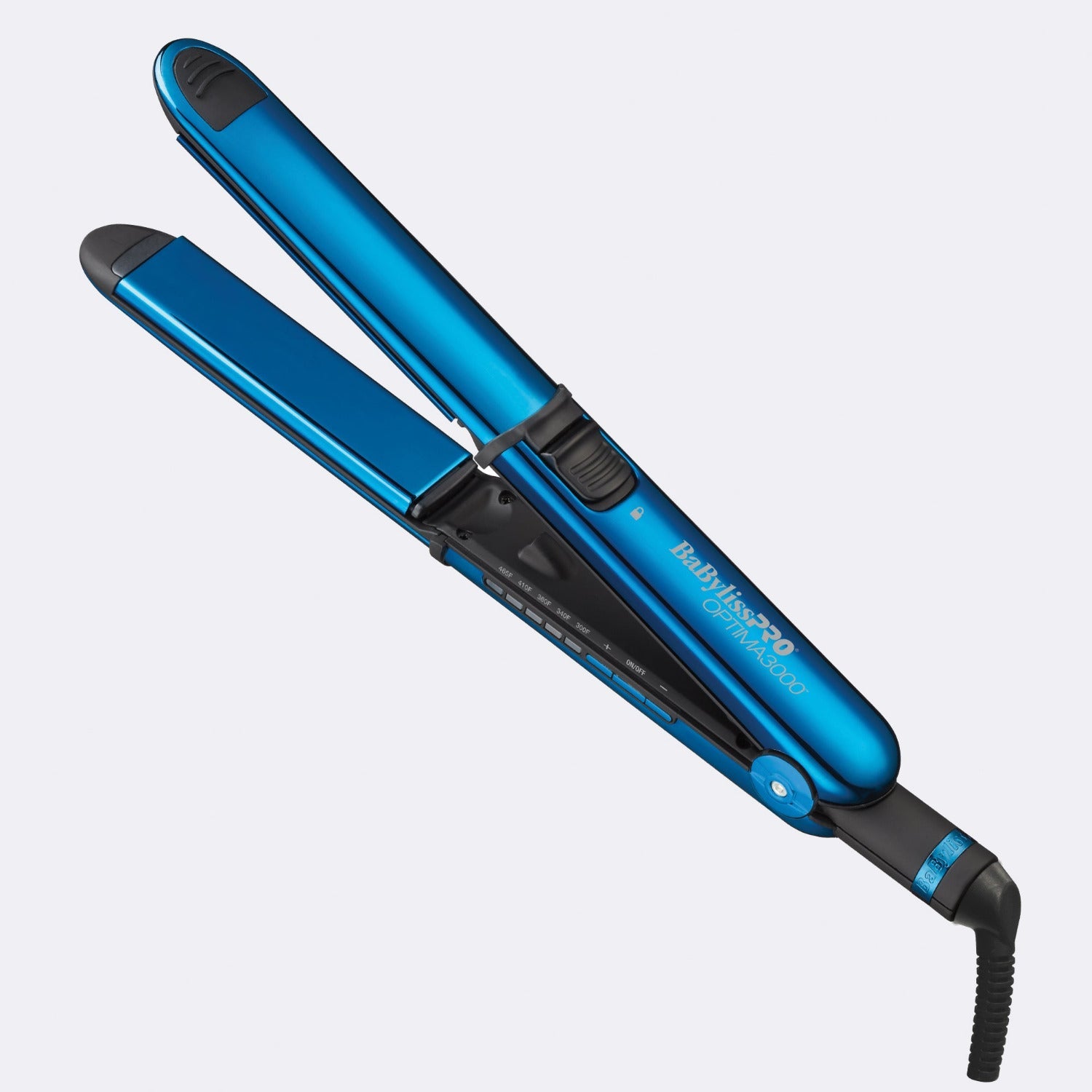  BaBylissPRO® Nano Titanium™ Optima 1-1/4” Stainless Steel Flat Iron in Midnight Blue, showcasing sleek design and advanced styling technology.