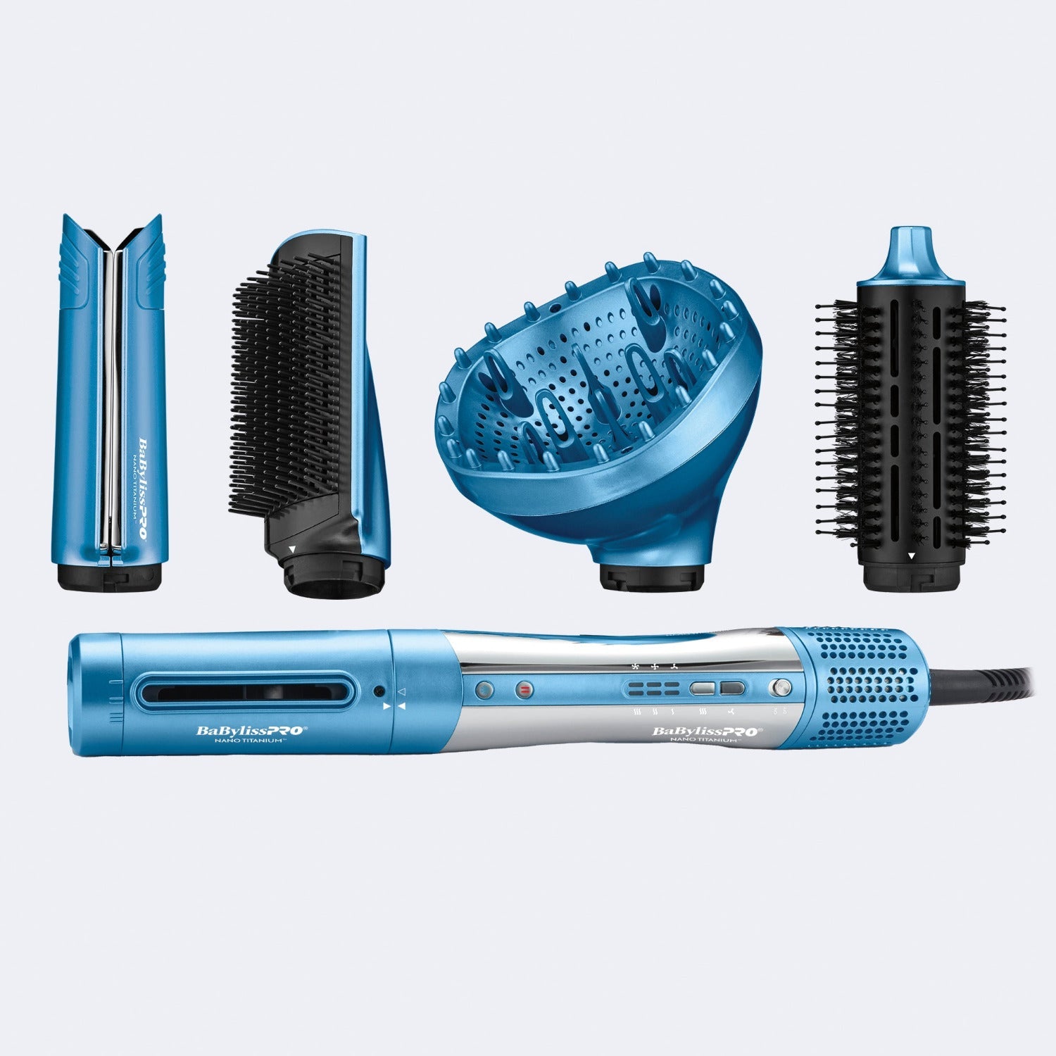BaBylissPRO Nano Titanium STYLE/SWITCH Ionic Multi-Styler & Dryer with attachments displayed on a white background