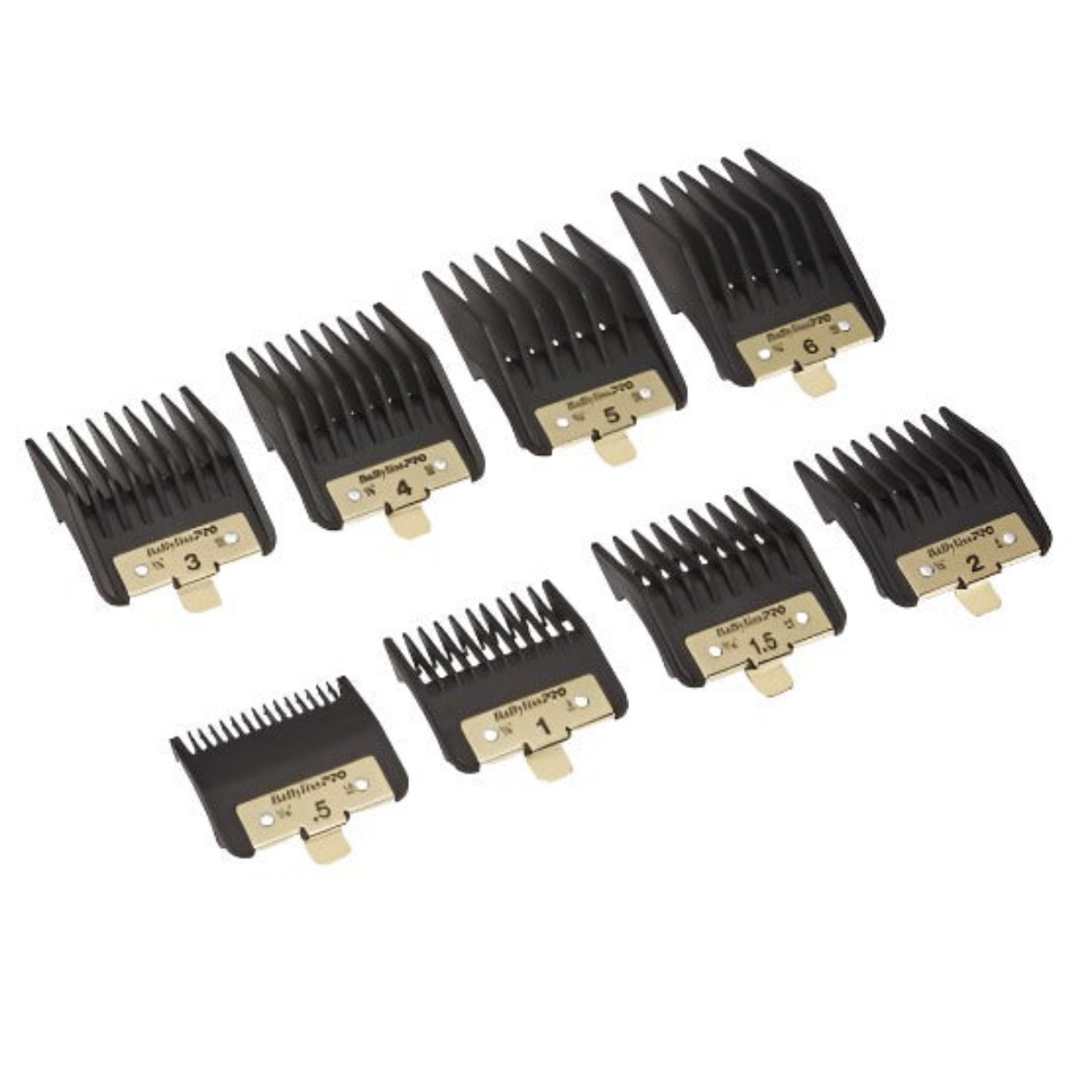 A full set of black BaBylissPRO® Premium Clipper Guards (FXPCG) with metal clips, displayed neatly on a clean surface. The guards are shown in various sizes, highlighting their sturdy construction and professional design.