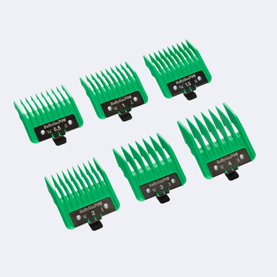 Set of six green hair clipper comb attachments on a white background