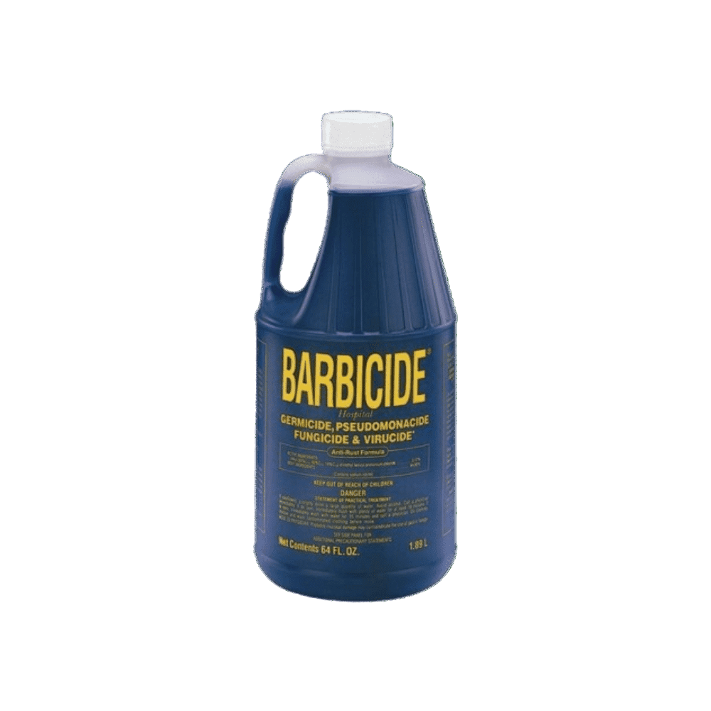  Barbicide 64 Ounce (1.89 L) bottle of professional disinfectant, used for sterilizing tools and surfaces in salons and barbershops.