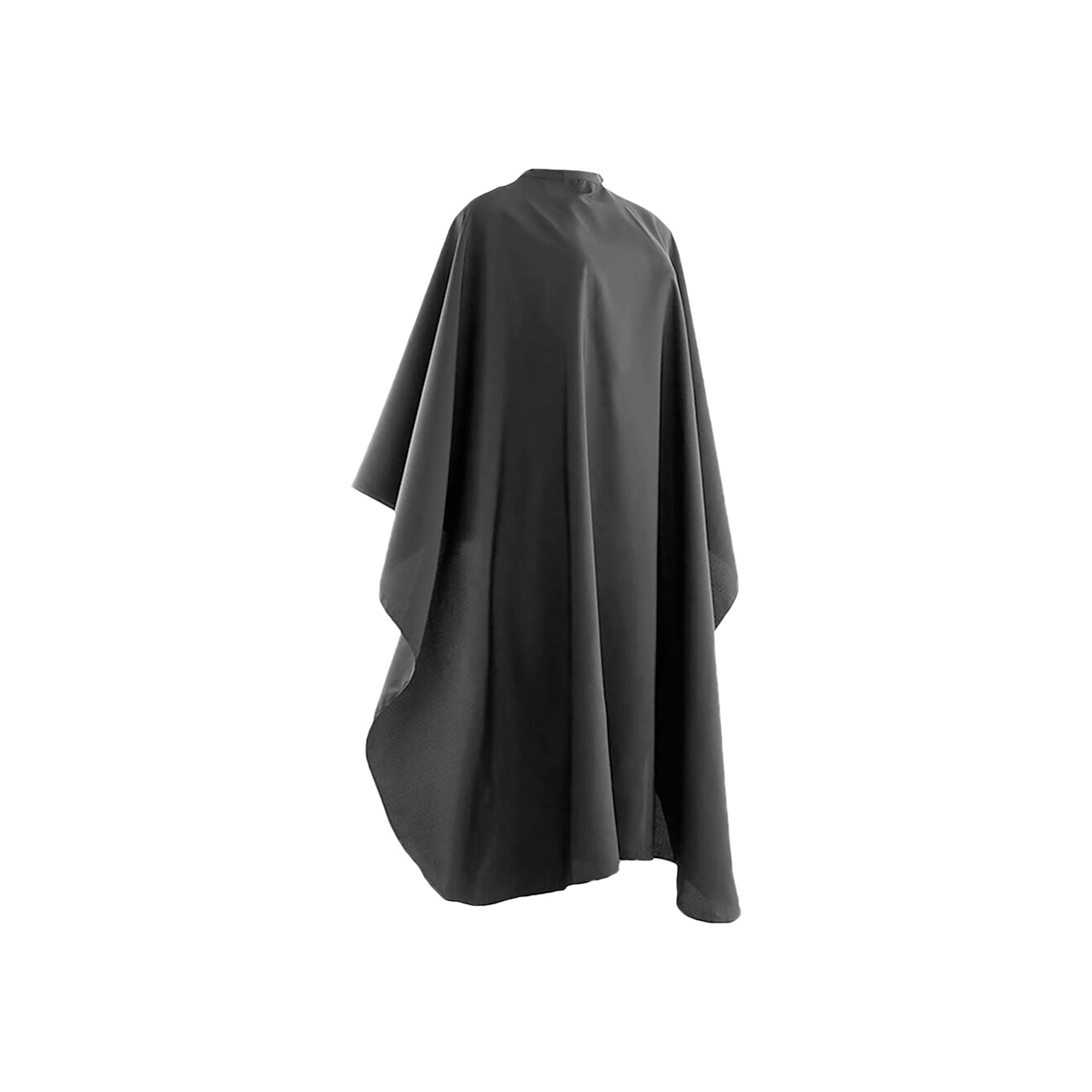 Black waterproof barber cape with adjustable snap collar for professional hairdressing
