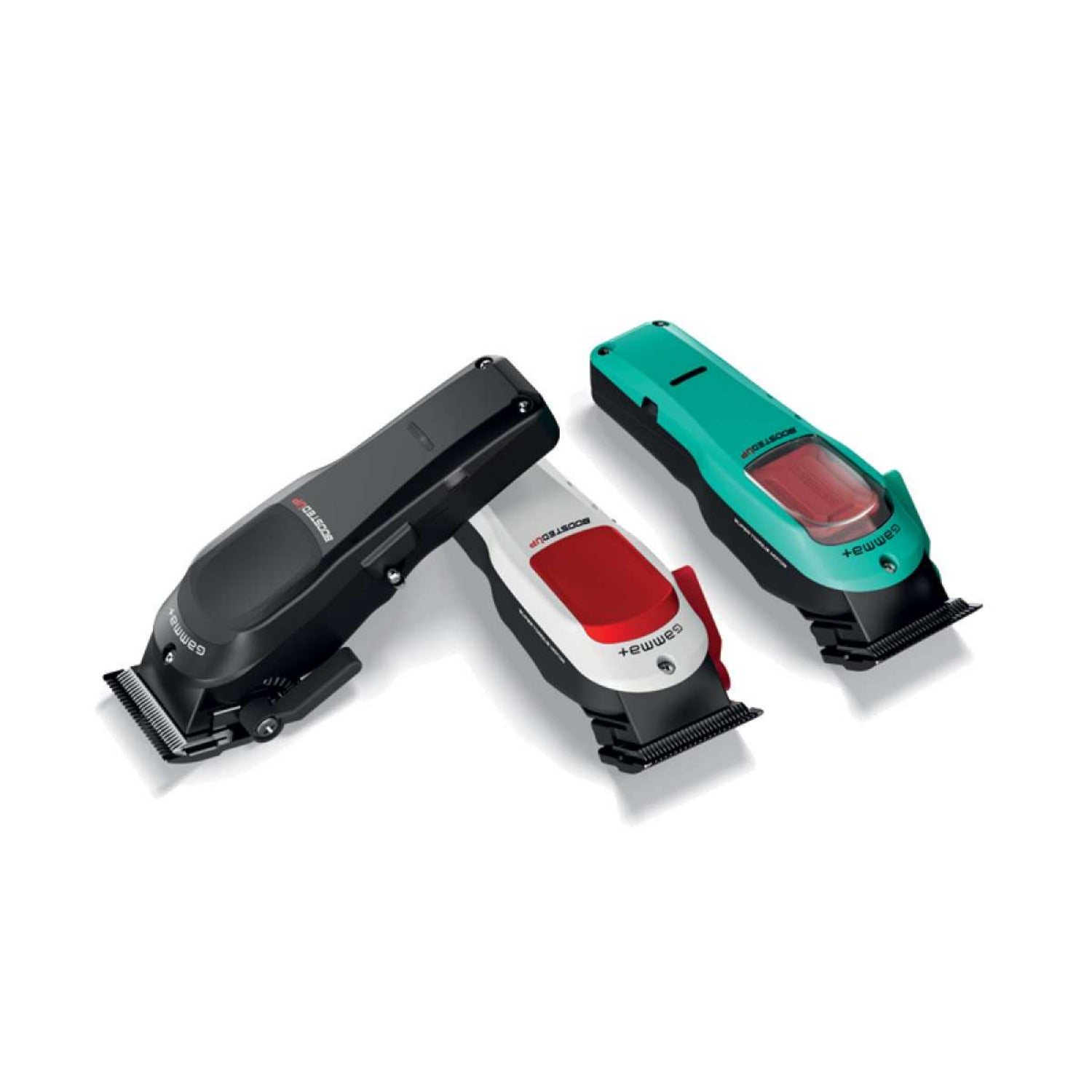 “Boosted UP professional cordless clipper – black body with red and gold toppers, DLC fade blade, USB‑C dock, and magnetic guards.”