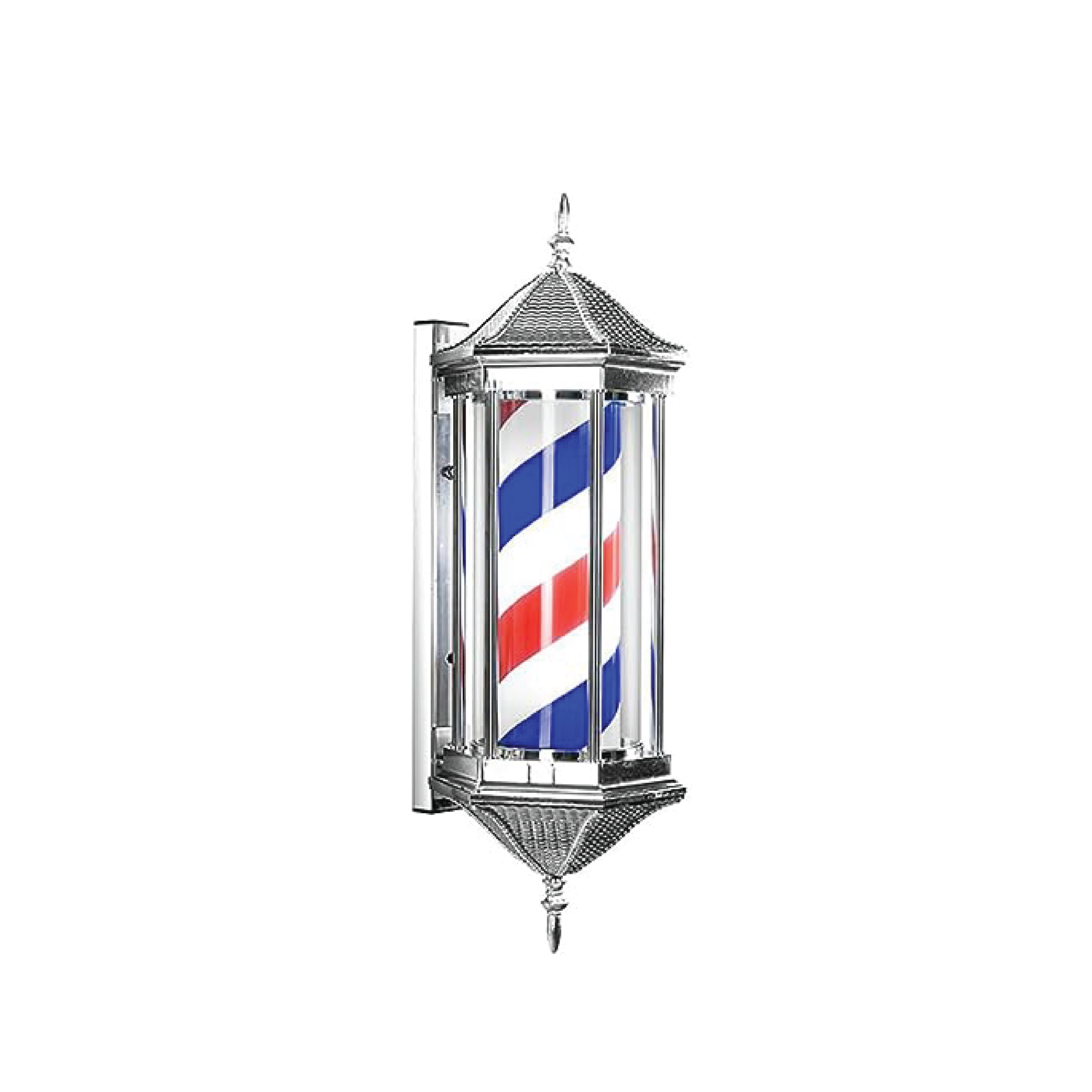 Chrome wall-mounted barber pole light with rotating red, white, and blue stripes