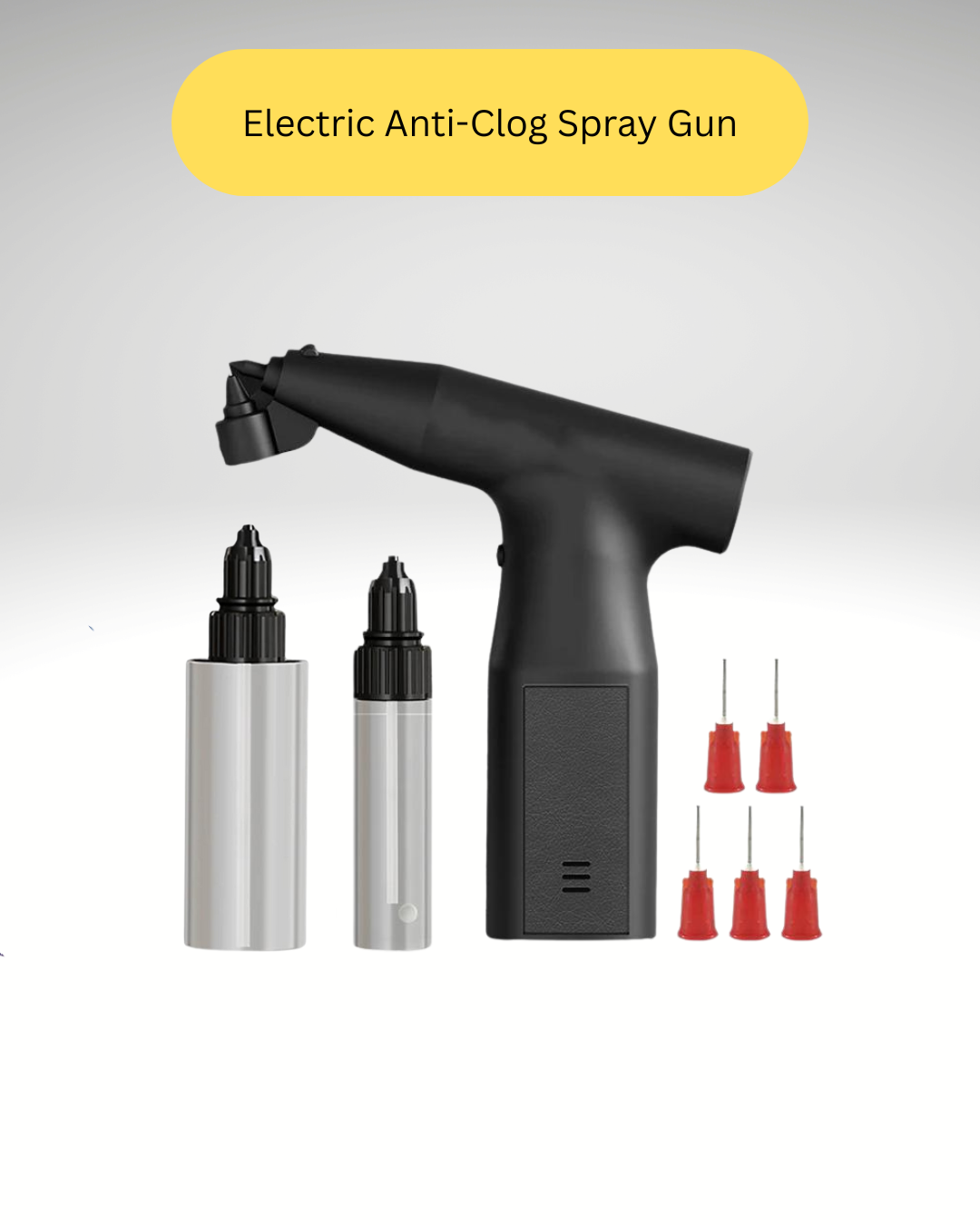 Cordless electric anti-clog spray gun with refillable bottles and spray nozzles