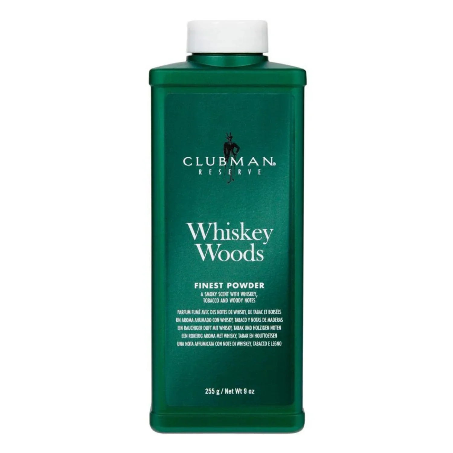 Clubman Reserve Whiskey Woods Talc Powder 4 oz bottle with classic whiskey and wood inspired design