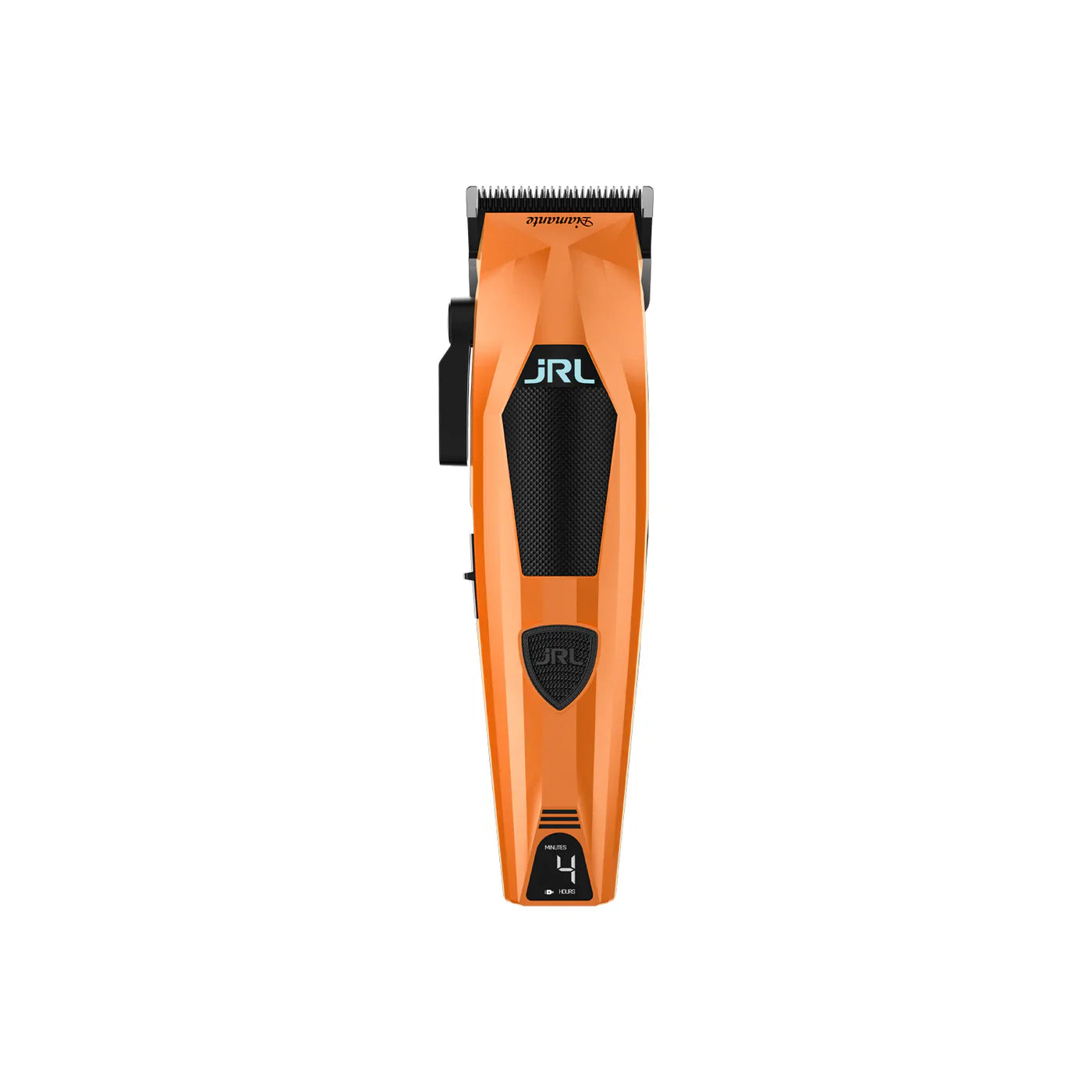 Orange and black hair clipper on a white background