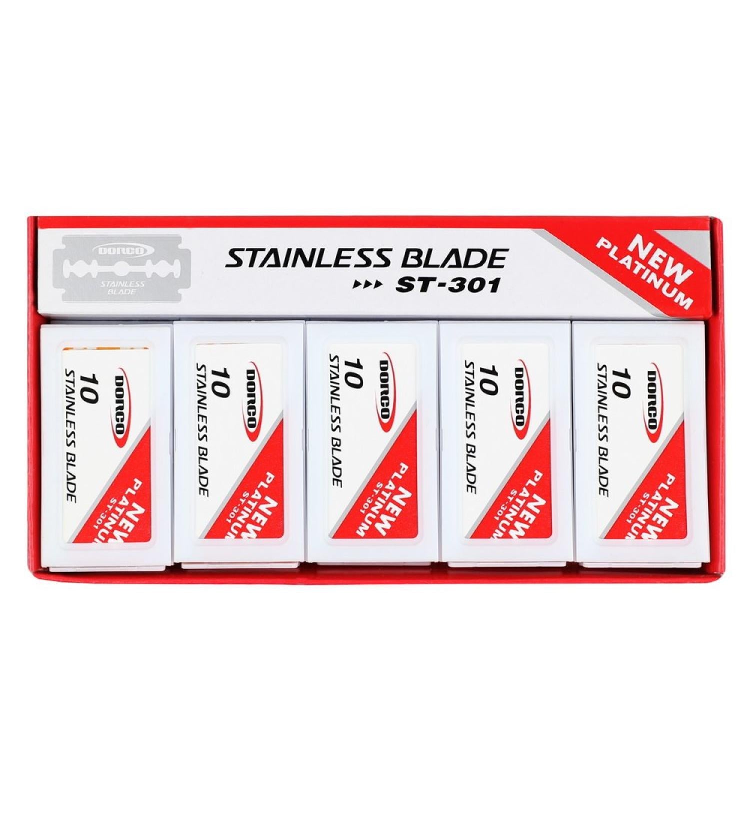 Box of Dorco Red Double Edge Razor Blades (100 count), stainless steel, platinum-coated, for standard safety razors.
