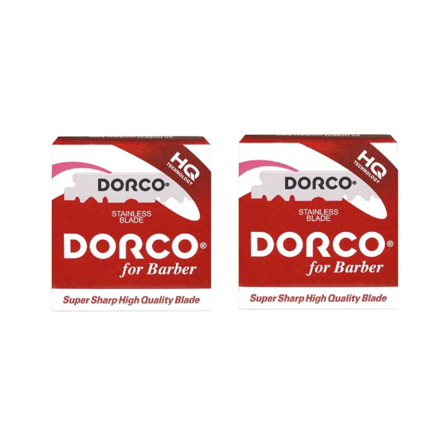 Box of Dorco stainless steel single-edge razor blades – 100 count, pre-cut, individually wrapped in wax paper.