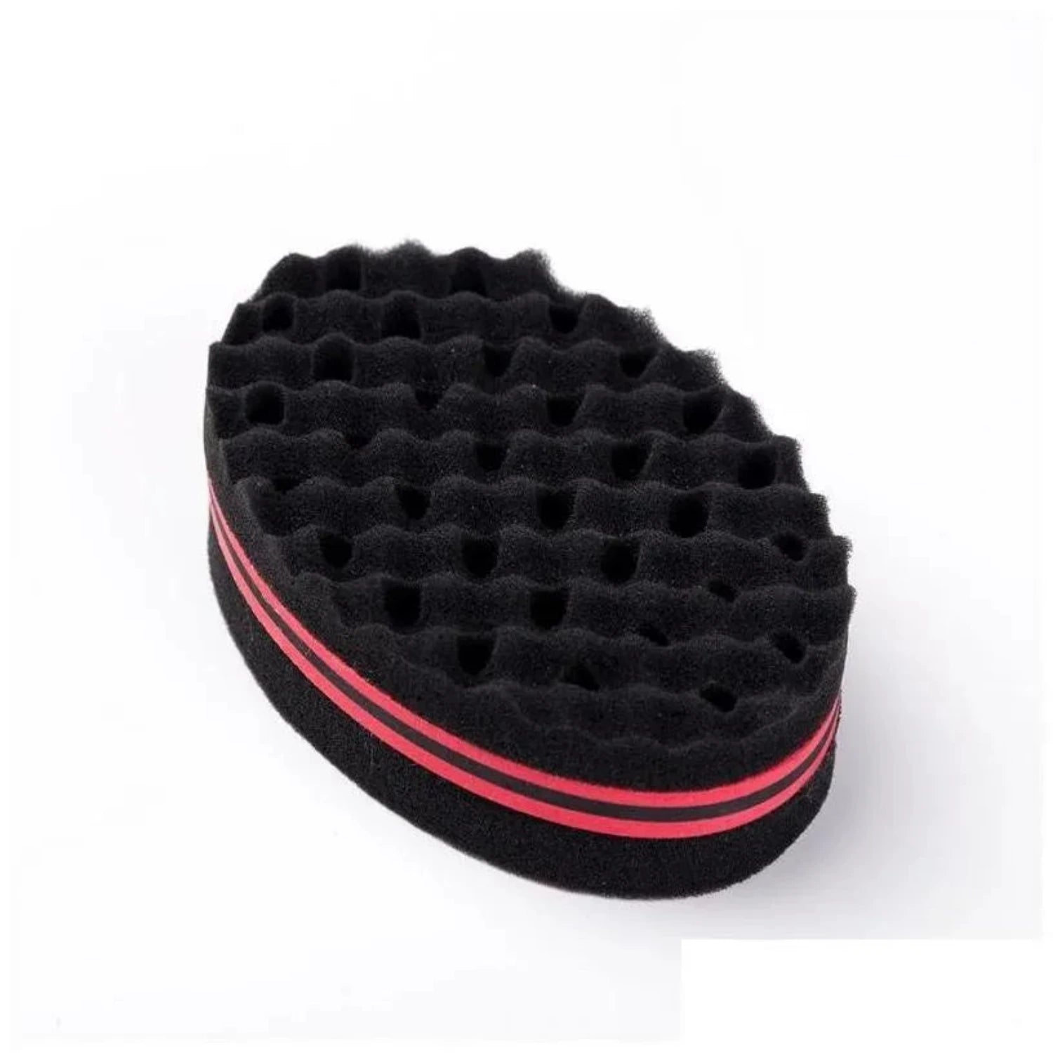  Double-sided hair sponge with two textured surfaces for creating defined twists, curls, and coils.