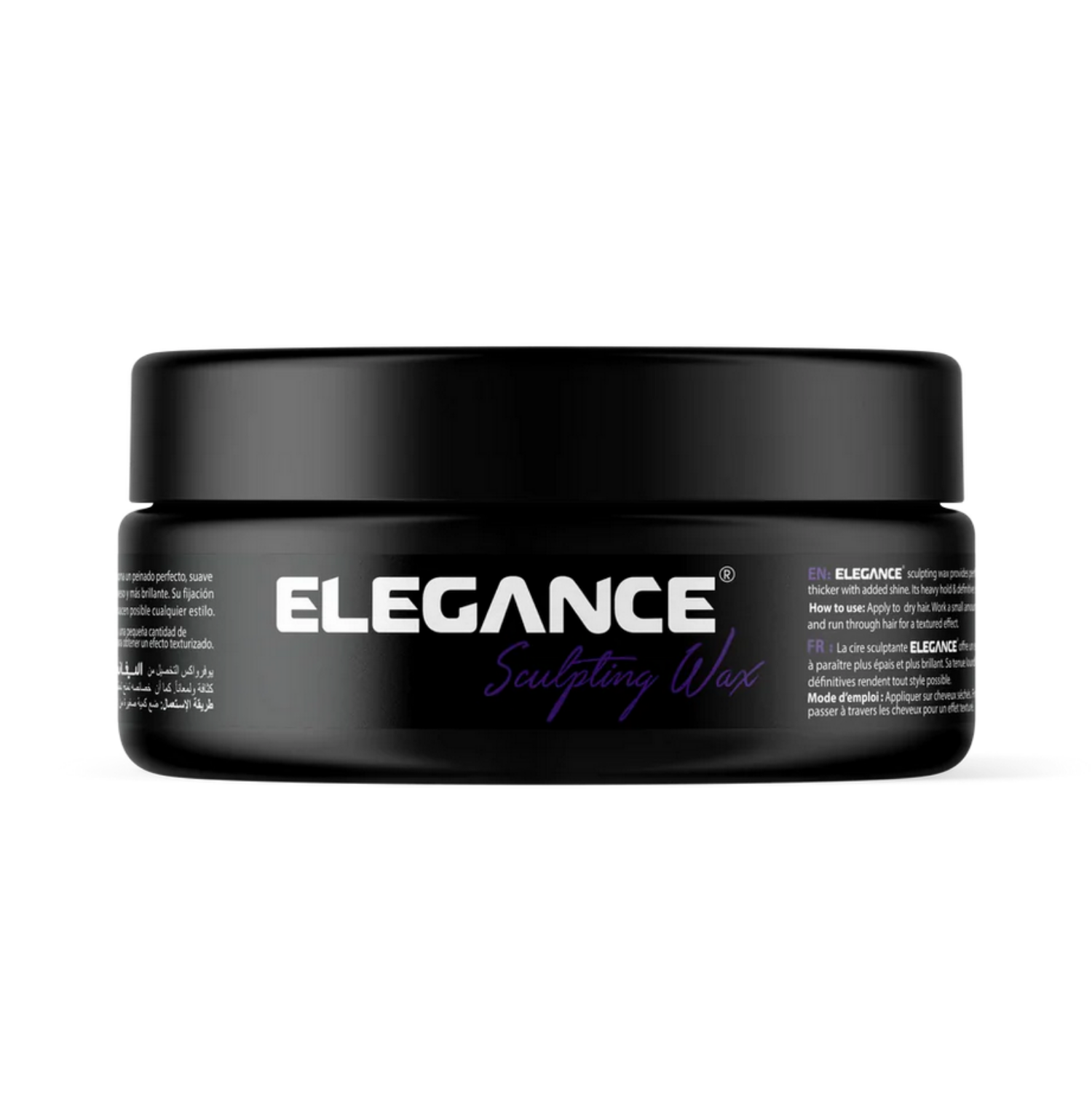 Elegance Sculpting Wax container with smooth textured hair styling wax inside, showcasing strong hold and natural shine