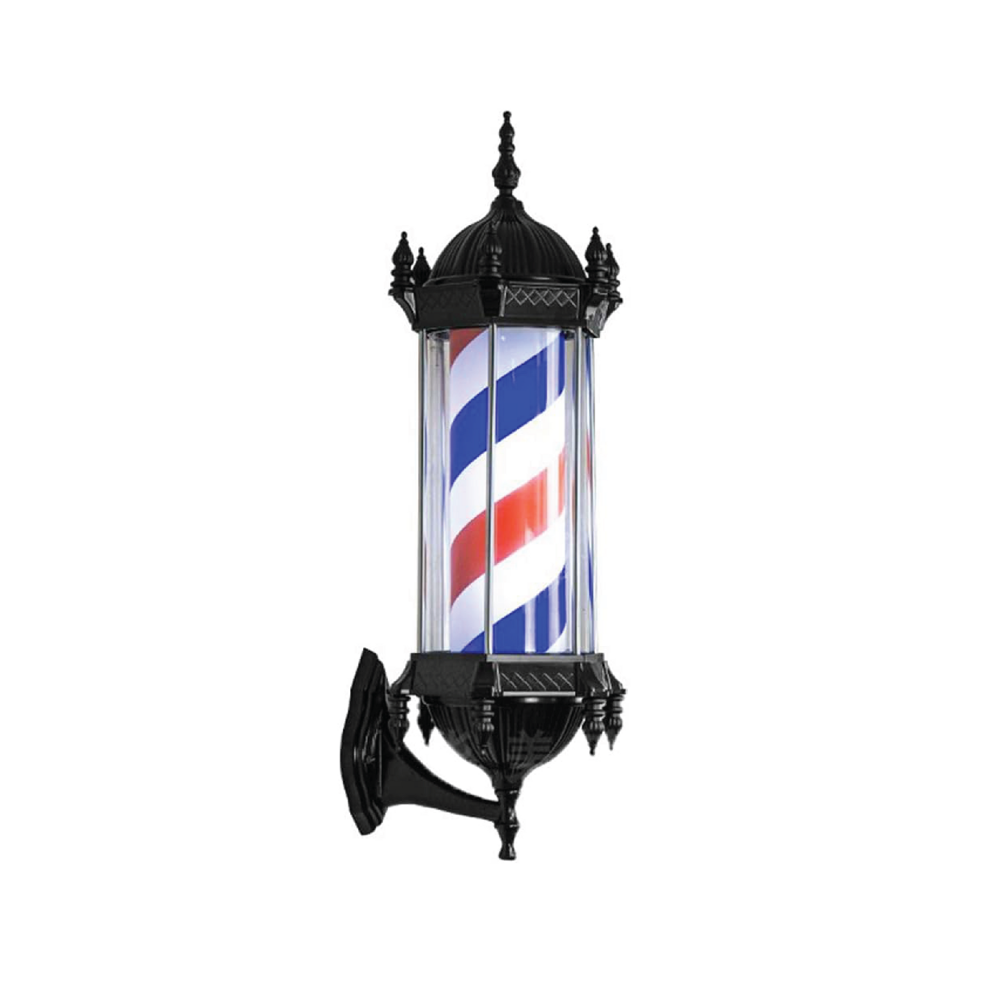 Elite 23-inch black barber pole with rotating red, white, and blue LED stripes mounted on wall.