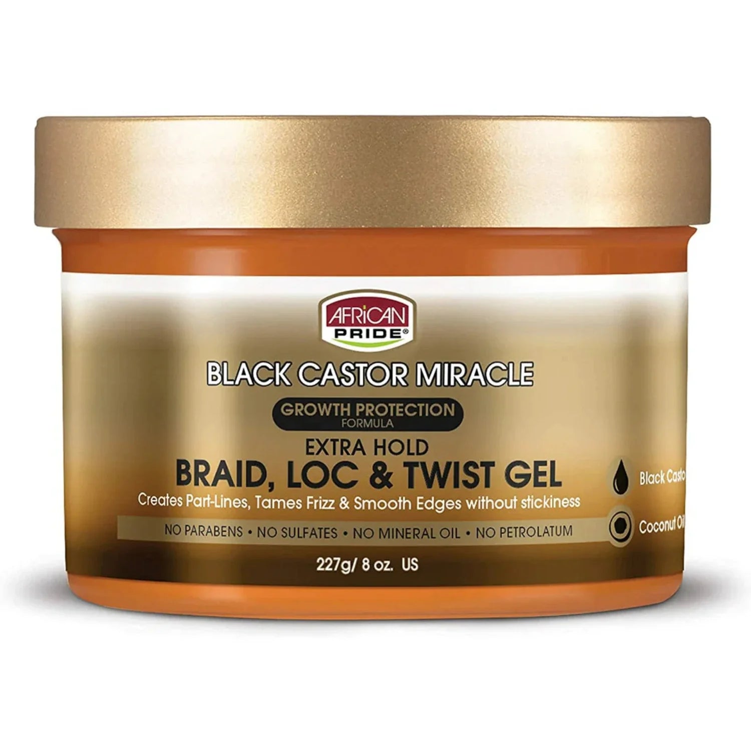 African Pride Black Castor Miracle Extra Hold Braid, Loc and Twist Gel 8 oz jar with label showing natural hair styling gel