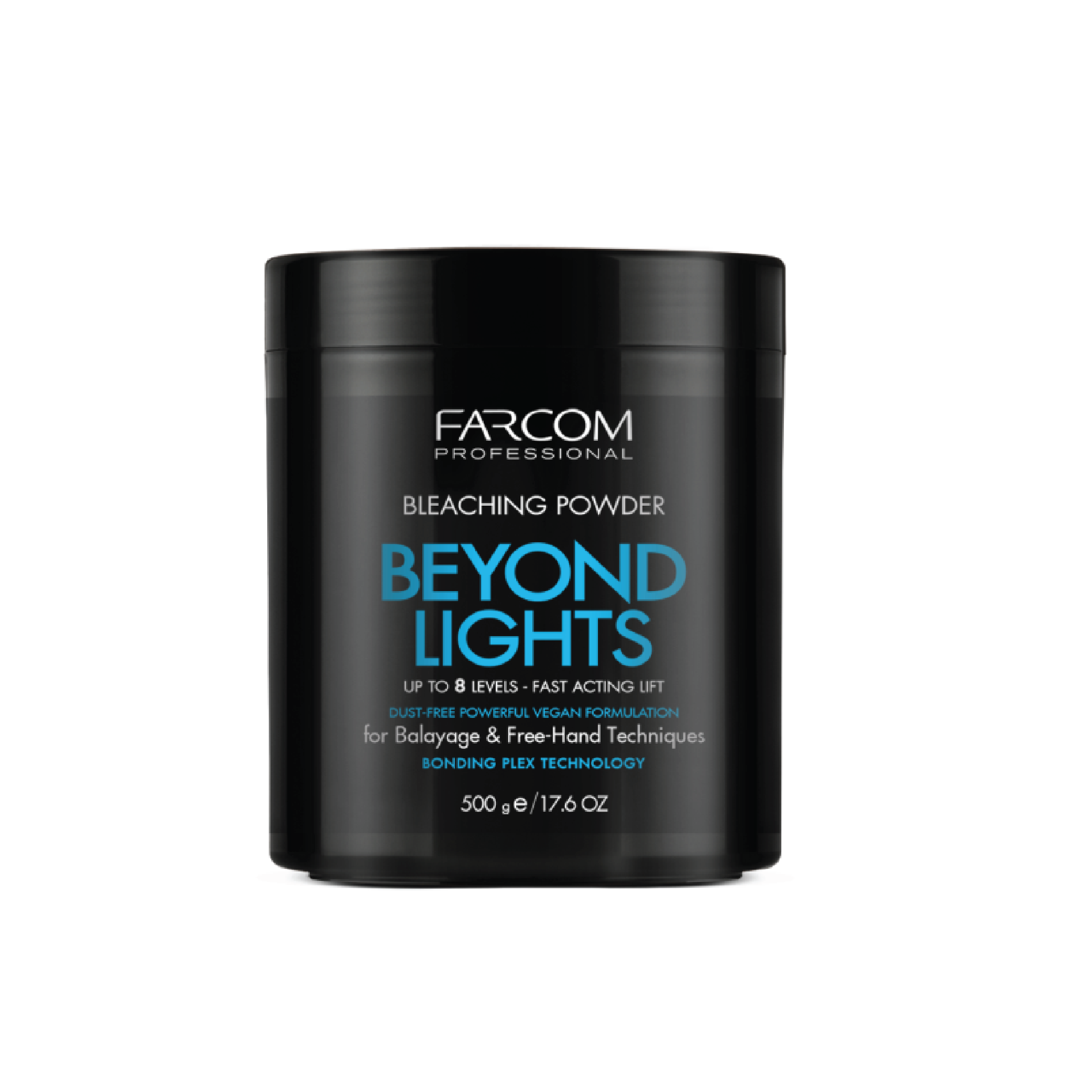 “FARCOM Professional Beyond Lights Blue Bleaching Powder 500g – high-performance hair lightener with Bonding Plex technology, lifts up to 8 levels, dust-free formula, creamy texture, ideal for balayage and freehand techniques, vegan-friendly.